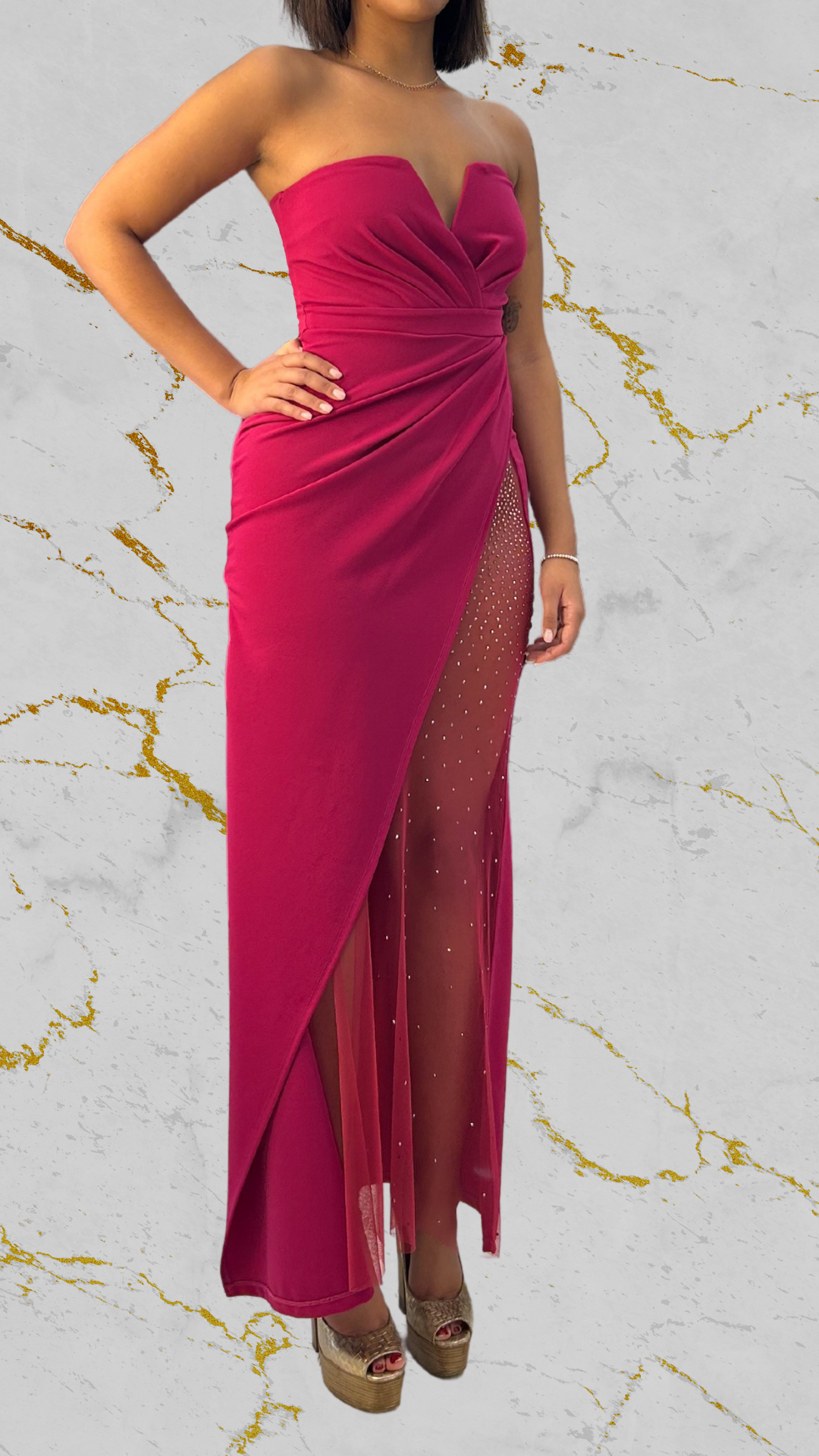 Robe Fuchsia Avec Transparence et Strass